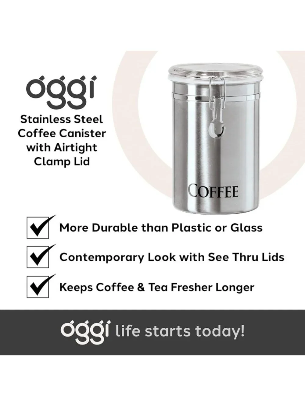 Airtight Stainless Steel Coffee Canister - 62oz, Clear Top for Beans & Grounds